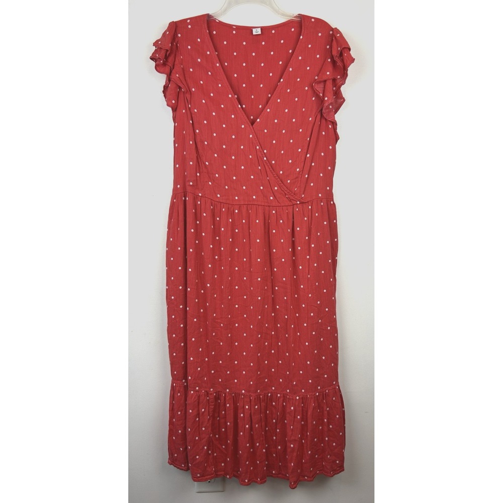 Old Navy Midi Dress Women XL Red Dot Tiered Ruffle Prairie Boho Milkmaid Flowy